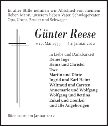 Traueranzeige von Günter Reese von Landeszeitung