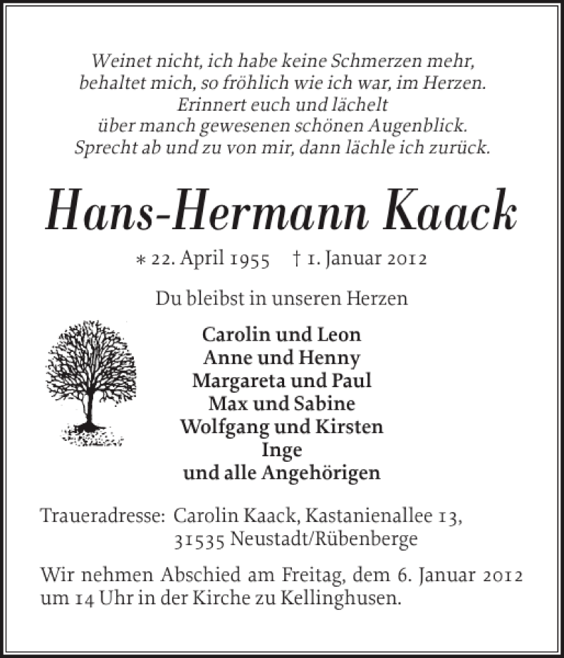  Traueranzeige für Hans-Hermann Kaack vom 04.01.2012 aus Norddeutsche Rundschau