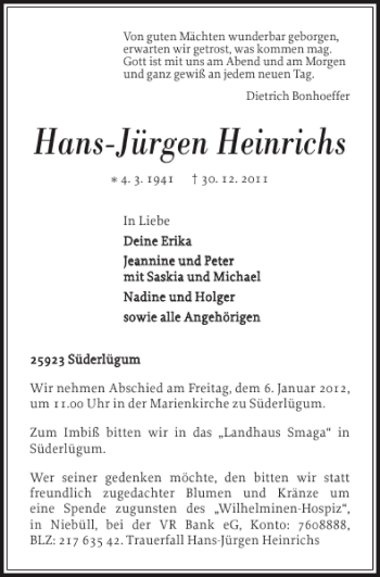 Traueranzeige von Hans-Jürgen Heinrichs von Holsteinischer Courier