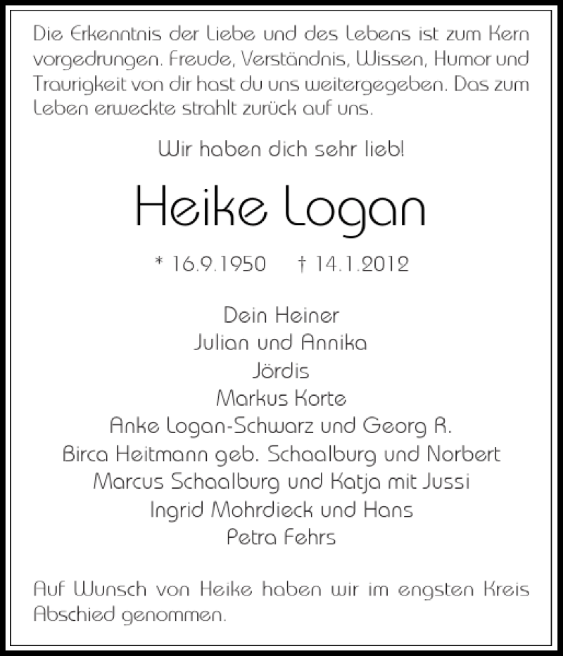  Traueranzeige für Heike Logan vom 21.01.2012 aus Holsteinischer Courier