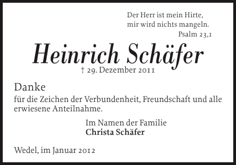  Traueranzeige für Heinrich Schäfer vom 14.01.2012 aus Pinneberger Tageblatt