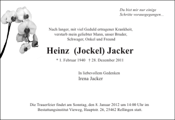 Traueranzeige von Heinz Jacker von Pinneberger Tageblatt