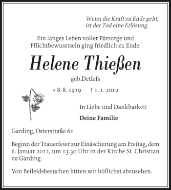 Traueranzeige von Helene Thießen von Husumer Nachrichten