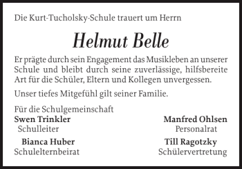 Traueranzeige von Helmut Belle von Flensburger Tageblatt