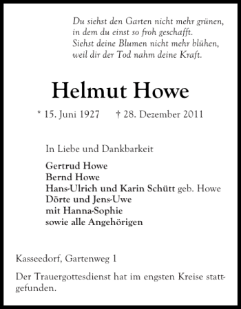 Traueranzeige von Helmut Howe von Ostholsteiner Anzeiger
