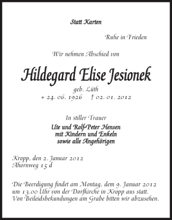 Traueranzeige von Hildegard Elise Jesionek von Schleswiger Nachrichten