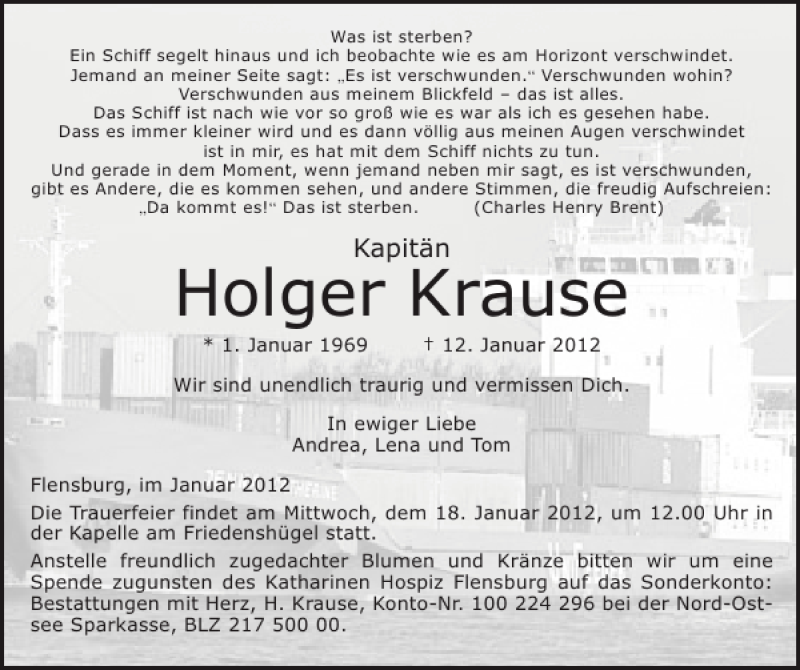  Traueranzeige für Holger Krause vom 16.01.2012 aus Flensburger Tageblatt