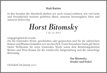 Traueranzeige von Horst Bitomsky von Norddeutsche Rundschau