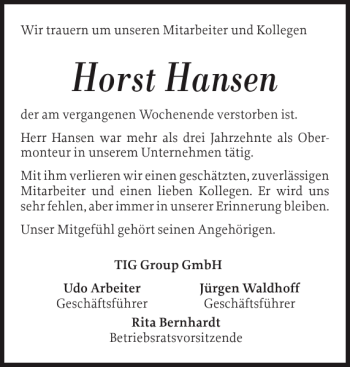 Traueranzeige von Horst Hansen von Husumer Nachrichten