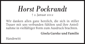 Traueranzeige von Horst Pockrandt von Flensburger Tageblatt