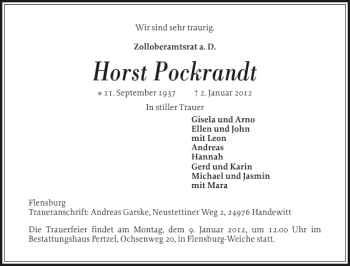 Traueranzeige von Horst Pockrandt von Flensburger Tageblatt