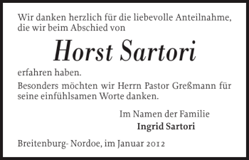 Traueranzeige von Horst Sartori von Norddeutsche Rundschau