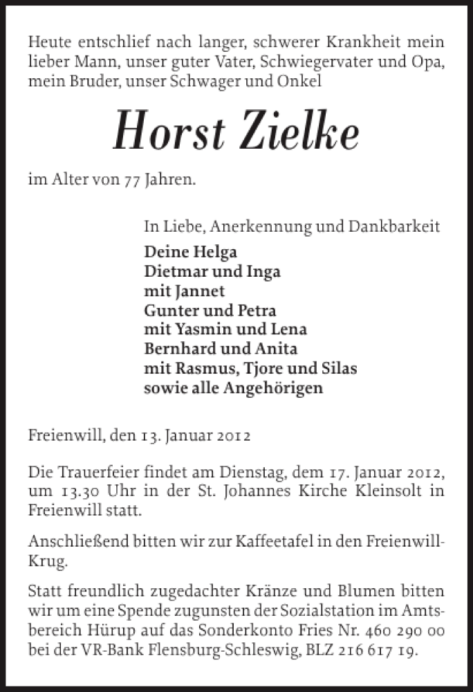  Traueranzeige für Horst Zielke vom 14.01.2012 aus Flensburger Tageblatt
