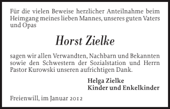 Traueranzeige von Horst Zielke von Flensburger Tageblatt