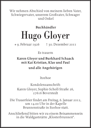Traueranzeige von Hugo Gloyer von Norddeutsche Rundschau