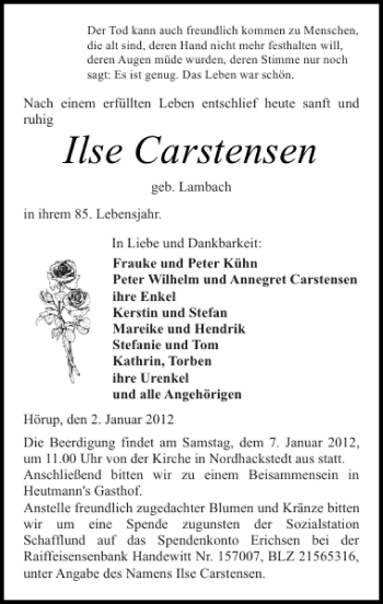 Traueranzeige von Ilse Carstensen von Flensburger Tageblatt