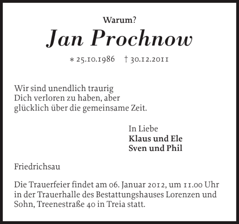  Traueranzeige für Jan Prochnow vom 03.01.2012 aus Schleswiger Nachrichten