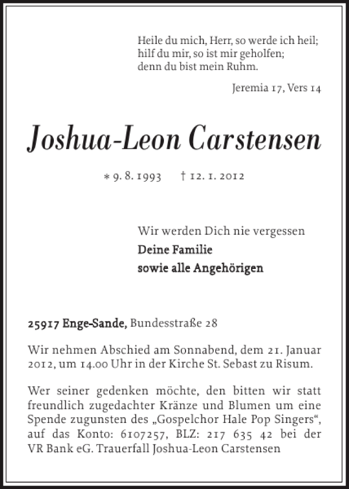  Traueranzeige für Joshua-Leon Carstensen vom 18.01.2012 aus Nordfriesland Tageblatt