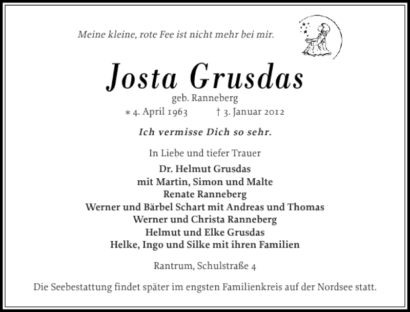  Traueranzeige für Josta Grusdas vom 06.01.2012 aus Husumer Nachrichten