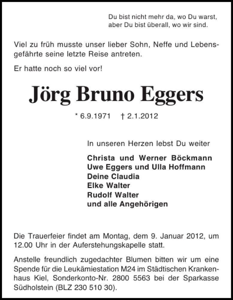  Traueranzeige für Jörg Bruno Eggers vom 05.01.2012 aus Holsteinischer Courier