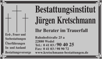 Traueranzeige von Jürgen Kretschmann von Pinneberger Tageblatt
