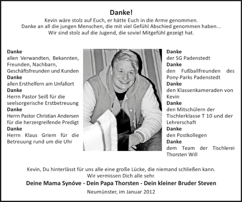  Traueranzeige für Kevin  vom 07.01.2012 aus Holsteinischer Courier