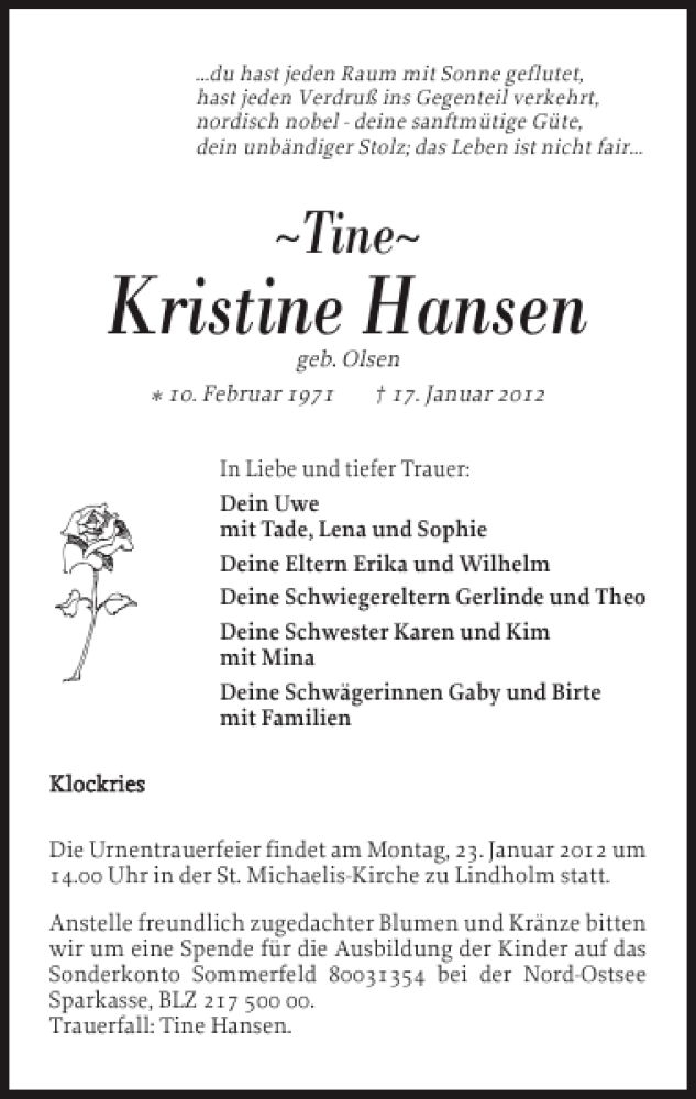  Traueranzeige für Kristine Hansen vom 20.01.2012 aus Nordfriesland Tageblatt