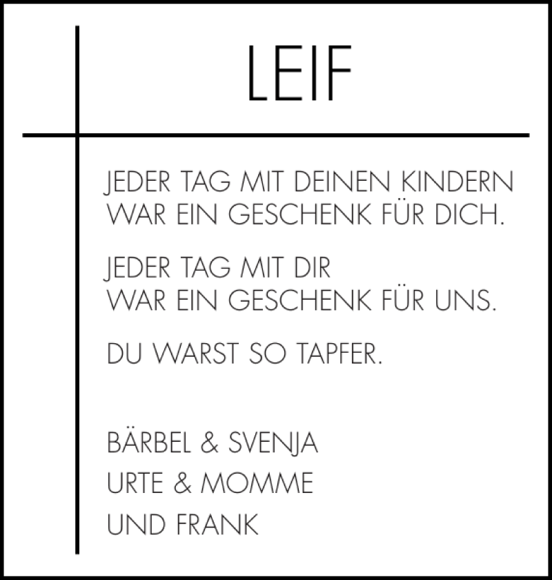  Traueranzeige für LEIF  vom 26.01.2012 aus Norddeutsche Rundschau