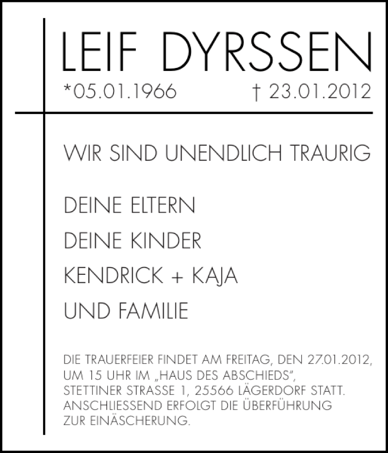  Traueranzeige für LEIF DYRSSEN vom 26.01.2012 aus Norddeutsche Rundschau