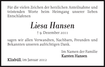 Traueranzeige von Liesa Hansen von Nordfriesland Tageblatt