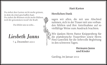 Traueranzeige von Liesbeth Janns von Husumer Nachrichten