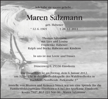 Traueranzeige von Maren Salzmann von Elmshorner Nachrichten