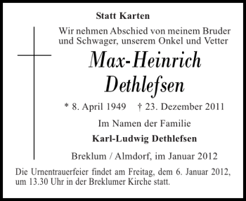 Traueranzeige von Max-Heinrich Dethlefsen von Husumer Nachrichten