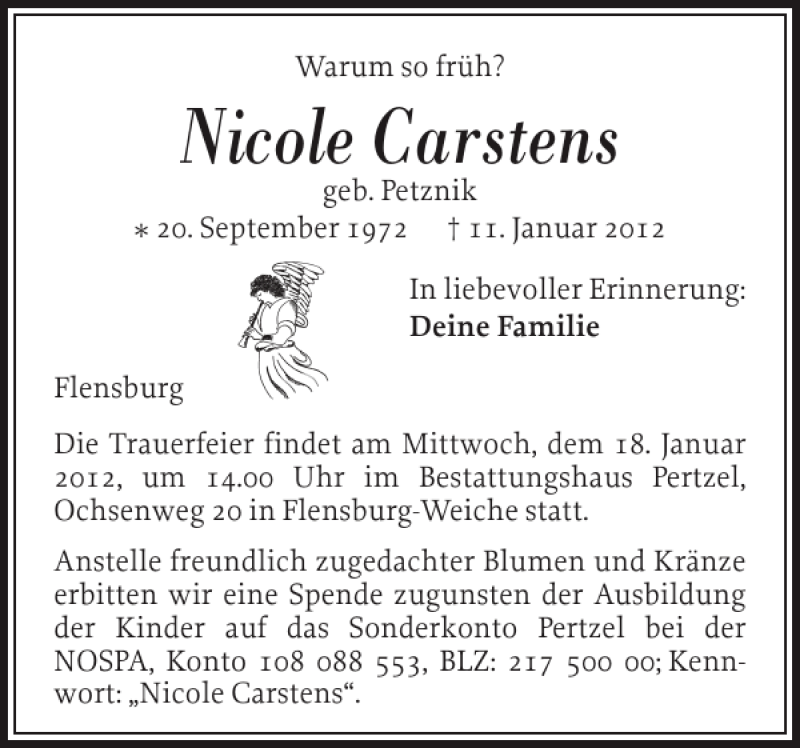  Traueranzeige für Nicole Carstens vom 13.01.2012 aus Flensburger Tageblatt
