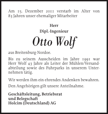 Traueranzeige von Otto Wolf von Norddeutsche Rundschau
