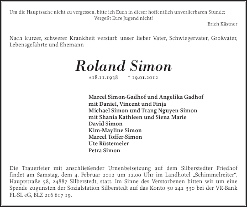  Traueranzeige für Roland Simon vom 25.01.2012 aus Flensburger Tageblatt