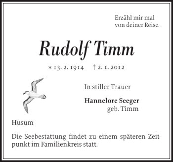 Traueranzeige von Rudolf Timm von Husumer Nachrichten