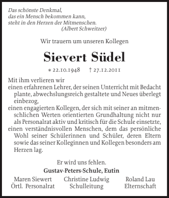 Traueranzeige von Sievert Südel von Ostholsteiner Anzeiger