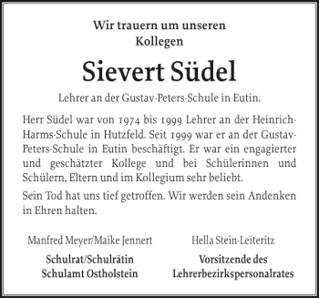 Traueranzeige von Sievert Südel von Ostholsteiner Anzeiger