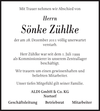 Traueranzeige von Sönke Zühlke von Landeszeitung