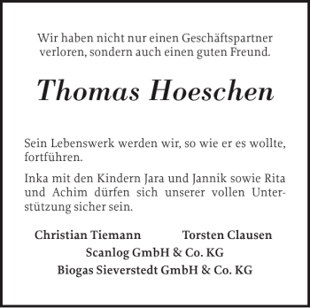 Traueranzeige von Thomas Hoeschen von Flensburger Tageblatt