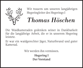 Traueranzeige von Thomas Höschen von Schlei-Bote