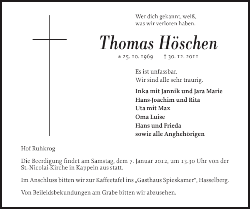 Traueranzeige für Thomas Höschen vom 02.01.2012 aus Flensburger Tageblatt