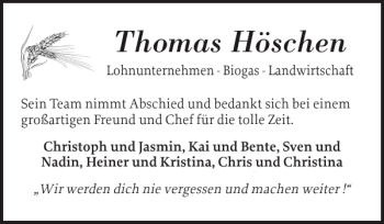 Traueranzeige von Thomas Höschen von Flensburger Tageblatt