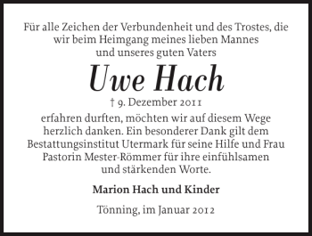 Traueranzeige von Uwe Hach von Husumer Nachrichten