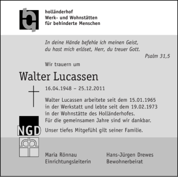 Traueranzeige von Walter Lucassen von Flensburger Tageblatt