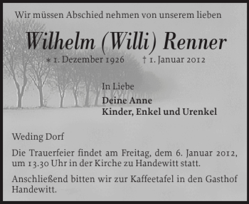 Traueranzeige von Wilhelm Willi Renner Wilhelm Willi Renner  von Flensburger Tageblatt