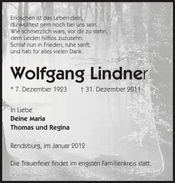 Traueranzeige von Wolfgang Lindner von Landeszeitung