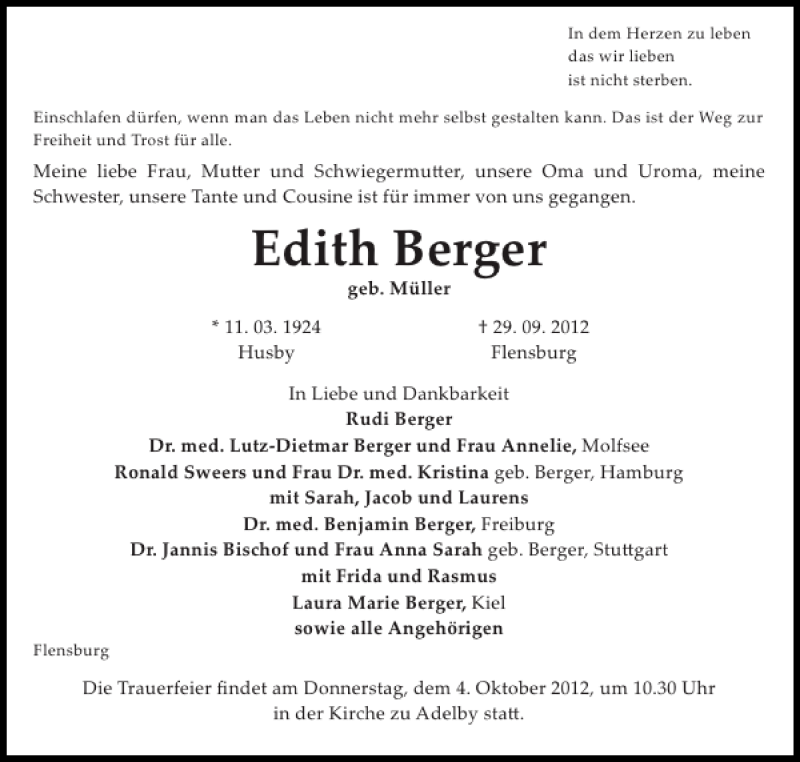  Traueranzeige für Edith Berger vom 01.10.2012 aus Flensburger Tageblatt