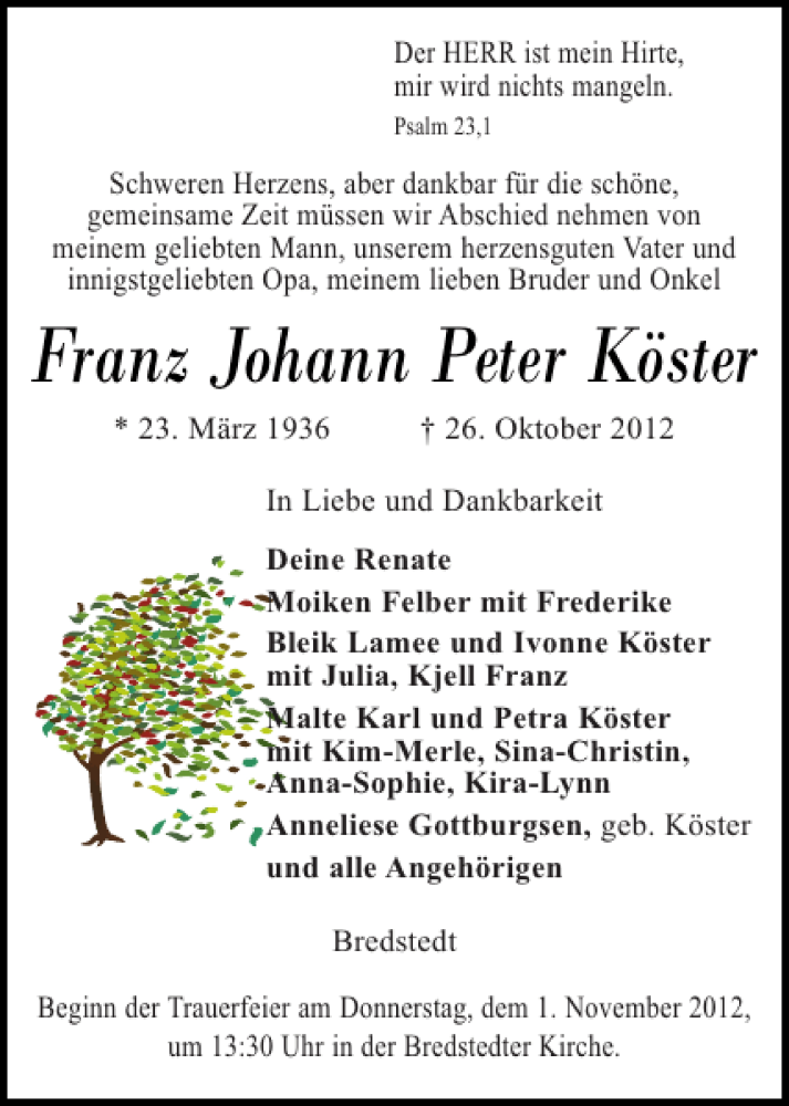  Traueranzeige für Franz Johann Peter Köster vom 29.10.2012 aus Husumer Nachrichten